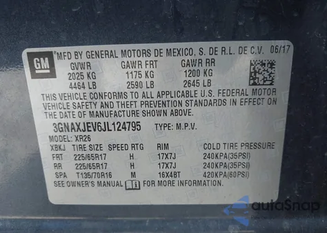 2018 Chevrolet Equinox Lt из США, поврежденный, VIN 3GNAXJEV6JL124795